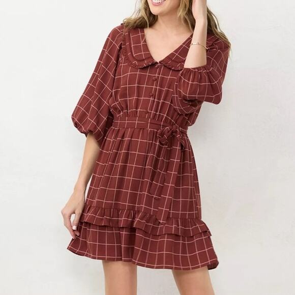 Lauren Conrad Women’s Large Rust Plaid Long Sleeve Dress NWT - Picture 1 of 8